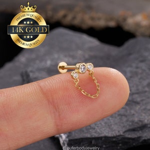 Boucles d'oreilles en or massif 14 carats à trois pierres CZ sans filetage à dos plat/Push Pin Labret/Helix/Conque/Tragus Piercing Stud/boucle d'oreille lobe d'oreille