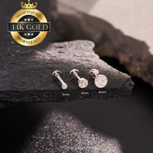 14K Solid White Gold Hammered Disc Cartilage Earrings/Threadless Push Pin Labret Stud/Nose/Tragus/Conch/Helix Stud/Flat Back Earring/Gift