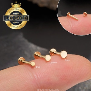 Minuscule disque plat en or massif 14 carats 8 mm 16G Boucles d'oreilles filetées à l'intérieur/Petit cartilage/Tragus/Hélice vers l'avant/Conque/Couleur de nez à l'arrière plat