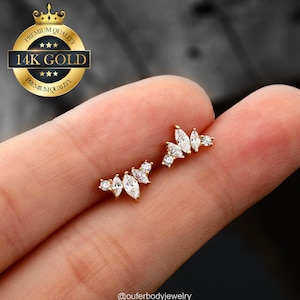 14K Solid Gold Marquise Crown CZ Threadless Push Pin Cartilage Earring/Nose/Tragus/Conch/Helix/Earlobe Flat Back Earring 20G/18G/16G/Gifts