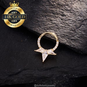 14K Solid Gold Rhombus CZ Septum Ring/Spike Daith Hoop Clicker/Cartilage Hoop/Septum Jewelry/Helix Hoop/Daith/Helix/Tragus/Conch Hoop/Gifts