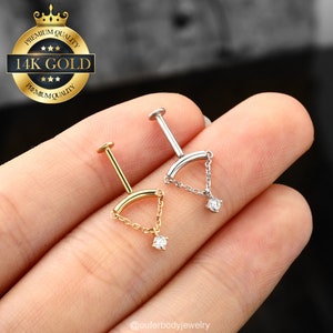 14K gouden verticale bungelen verborgen Helix piercing/draadloze push pin platte achterkant Stud/verborgen toren/kraakbeen/conch/tragus/Helix drop Earring/cadeau afbeelding 1