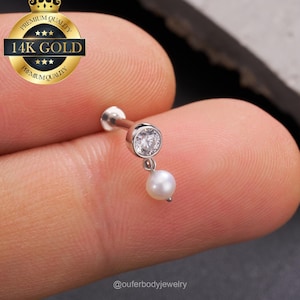 14K Solid White Gold Pearl Dangle Threadless Push Pin Labret Stud/Cartilage Earring/Nose/Helix/Tragus/Conch Stud/Flat Back stud 20G/18G/16G