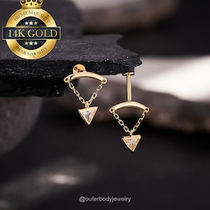 14K Solid Gold Triangle CZ Vertical/Horizontal Dangle Threadless Earring/Cartilage Stud/Hidden Helix Piercing/Rook/Drop Earring/Flat Back