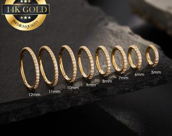 Cerchietto per cartilagine/anello per naso piccolo/cerchio per elice/clicker a segmento snodato/anello per setto/conchiglia/trago/piercing rook/cerchio Huggie in oro massiccio 14 carati con zirconi incastonati