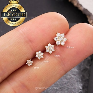 14K Solid Gold Flower Threadless Flat Back Earring/Push Pin Labret Stud/Cartilage/Helix/Conch/Tragus/Nose Stud/Tiny Gold Stud 20G 18G 16G