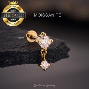 Boucles d'oreilles pendantes en or massif 14 carats MOISSANITE diamants/petits clous en or/conque/piercing hélice avant/tragus/filetage interne minimaliste