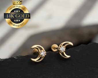 14K Solid Gold Moon Threadless Flat Back Stud Earring/Push Pin Labret Stud/Cartilage/Helix/Conch/Tragus/Nose Stud/Tiny Gold Stud 20G 18G 16G