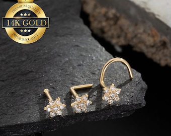14K Solid Gold Flower CZ Nose Stud/20G Nose Piercing/Nose Bone/Nose Screw/L Shape Nose Ring/Tiny Nose Jewelry/Straight Nose Stud/Gift Set