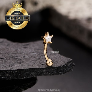 14K 16G massief gouden ster wenkbrauwring/toren lange halter/verticale labret/gebogen barbell/torenoorbel/wenkbrauwpiercing/kraakbeensieraden/cadeaus