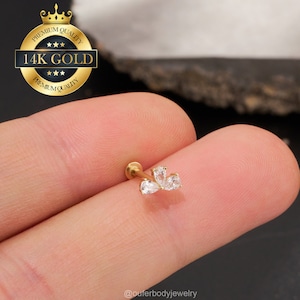 14K Solid Gold 3 Petals Flower Threadless Cartilage Earring/Push Pin Labret Piercing/Helix/Conch/Tragus/Lobe Flat Back Earring/Nose Studs