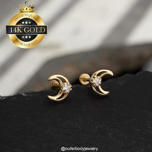 14K Solid Gold Moon Threadless Flat Back Stud Earring/Push Pin Labret Stud/Cartilage/Helix/Conch/Tragus/Nose Stud/Tiny Gold Stud 20G 18G 16G