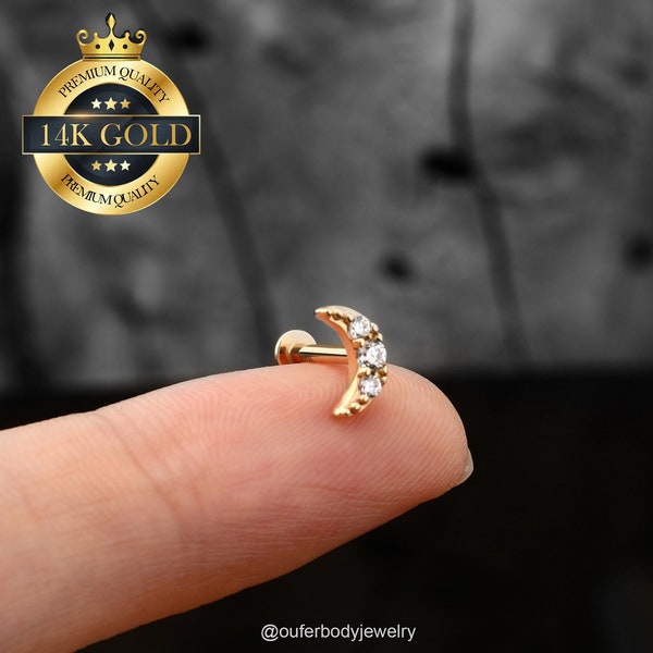 14K Gold Crescent Moon Threadless Flat Back Stud Earring/Push Pin Labret/Cartilage/Helix/Conch/Tragus/Nose Stud/Tiny Gold Studs 20G 18G 16G