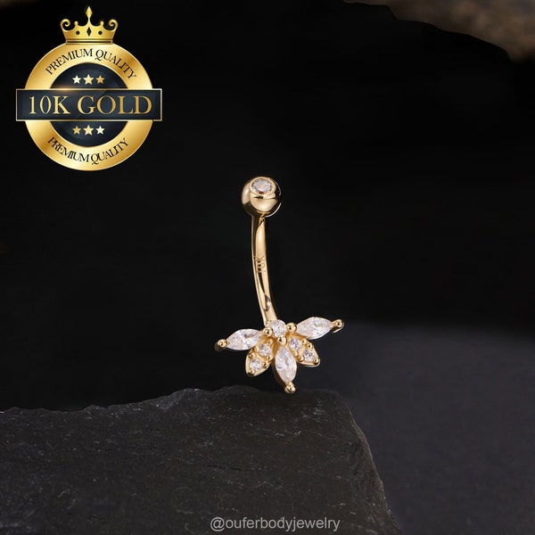 Anneaux de nombril de fleur de lotus en or massif 10K/bijoux nombril/piercing ventre/anneau nombril/barre incurvée/piercing nombril/bijoux haltère/cadeaux