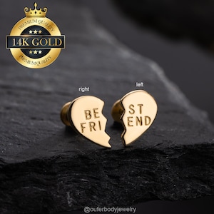 14K Best Friend Threadless Push Pin Labret Stud/Cartilage Earring/Heart Stud Left Right/Helix/Conch/Tragus/Earlobe Flat Back Stud 16,18g,20g