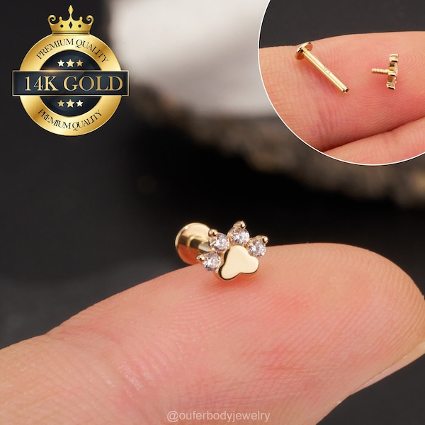 14K Solid Gold Tiny Dog Paw Stud Earrings/16g Internally Threaded Labret Piercing/Cartilage Earring/Helix/Conch/Tragus Flat Back Stud/Gifts