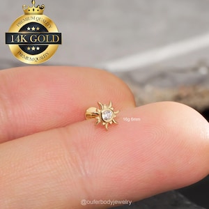 14K Solid Gold Sun Threadless Push Pin Labret Stud/Cartilage Earring/Nose Stud/Helix/Tragus/Conch Stud/Flat Back Earrings 20G/18G/16G