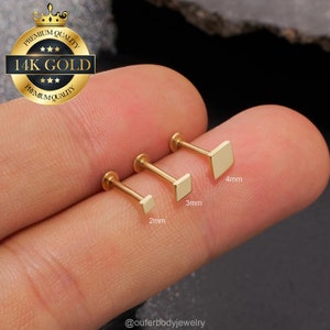 14K Solid Gold Square Cartilage Threadless Push Pin Labret Stud/Conch earring/Tiny Gold Stud/Helix/Tragus/Earlobe studs/Flat back earrings