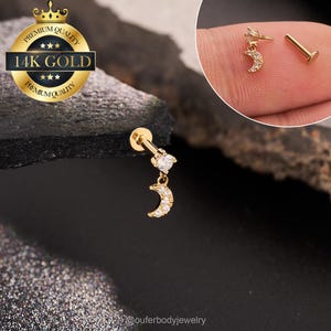14K Solid Gold Moon Dangle Interanlly Threaded Stud Earrings/Round Gem Cartilage Earrings/Conch/Helix Stud/Tragus Stud/Flat Back Earrings