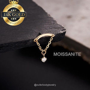 Boucles d'oreilles pendantes en or massif 14 carats MOISSANITE/Petits goujons en or SANS FIL/Conque/Hidden Helix/Tragus Stud/Top minimaliste SANS poteau