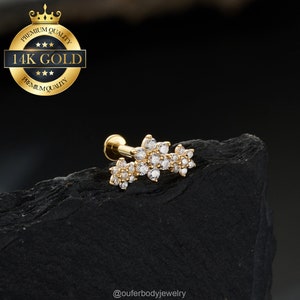 14K Solid Gold Three Flower Interanlly Threaded Stud Earrings/Cartilage Earrings/Conch Stud/Helix Stud/Earlobe Stud/Flat Back Earrings/Gifts