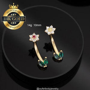 Piercing per ombelico a forma di fiore e foglia in oro massiccio 14 carati/Gioiello per ombelico/Barbell curvo con filettatura interna/Piercing per ombelico/Gioiello per piercing all&#39;ombelico/Regalo per lei
