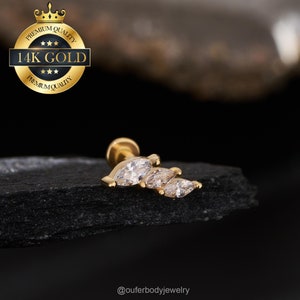 Clou d'alpiniste sans filetage en or massif 14 carats/boucle d'oreille de cartilage/puce de nez/clous d'hélice/tragus/conque/boucles d'oreilles à dos plat 20G/18G/16G