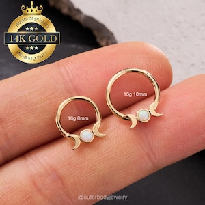 14K Solid Gold Moon Phase Opal Septum Ring/Crescent Cartilage Earring/Hinged Clicker/Daith Earring/Helix/Conch/Tragus/Nose Piercing Hoop