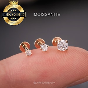 14K Solid Gold MOISSANITE Diamond Stud Earring/Internally threaded Helix Earrings/Moissanite gem Cartilage Piercing/Conch/Tragus Stud/Gifts