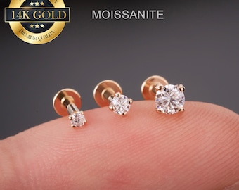 14K Solid Gold MOISSANITE Diamond Stud Earring/Internally threaded Helix Earrings/Moissanite gem Cartilage Piercing/Conch/Tragus Stud/Gifts