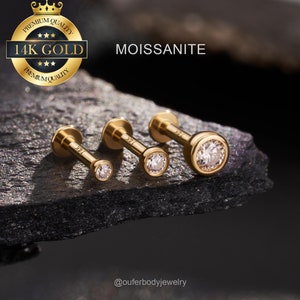 14K Solid Gold Diamond MOISSANITE Stud Earring/Bezel Helix Earrings/Moissanite gem Cartilage Piercing/InternalThreaded Flat back Stud/Tragus