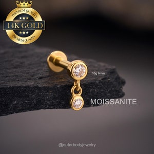 Boucles d'oreilles de piercing labret en or massif 14 carats MOISSANITE/petite lunette de cartilage en pierre de moissanite/clous hélicoïdaux/conque/tragus/clous d'oreilles à dos plat