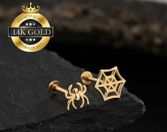 14K Solid Gold Spider & Web Threadless Cartilage Earring/Push Pin Labret Stud/Nose/Tragus/Conch/Helix Flat Back Stud Earrings 20G 18G 16G