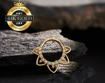 14K Solid Gold Lotus Flower Hinged Daith Hoop Clicker/Opal Cartilage Hoop/Septum Jewelry/Flower Petal Daith Jewelry/Helix/Tragus/Conch Hoop