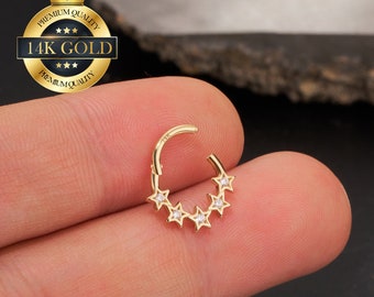 14K Solid Gold Five Star Septum Ring/Cartilage Earring/Hinged Segment Hoop Clicker/Septum Jewelry/Daith Earring/Helix/Tragus/Conch Hoop/Gift
