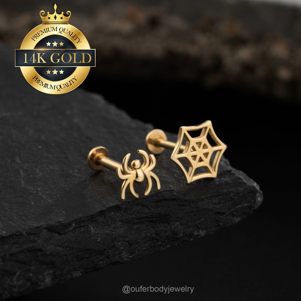 14K Solid Gold Spider & Web Threadless Cartilage Earring/Push Pin Labret Stud/Nose/Tragus/Conch/Helix Flat Back Stud Earrings 20G 18G 16G