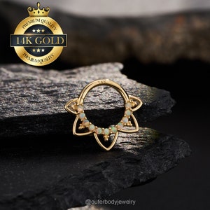 14K Solid Gold Lotus Flower Hinged Daith Hoop Clicker/Opal Cartilage Hoop/Septum Jewelry/Flower Petal Daith Jewelry/Helix/Tragus/Conch Hoop