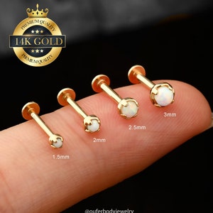 14K Solid Gold White Opal Threadless Push Pin Labret Stud/Cartilage Earring/Tragus Stud/Helix Stud/Conch Stud/Flat Back Earrings/Nose Stud
