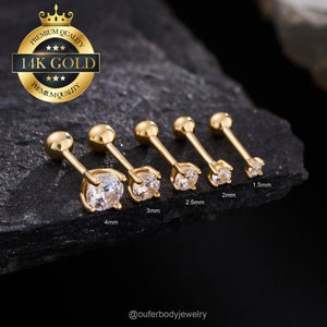 14K Solid Gold Clear CZ 4 Prong Cartilage Stud/Labret/Forward/Helix/Conch/Tragus/Flat/Earlobe Stud Earring/Screw Back Tiny Studs 16g 18g 20g