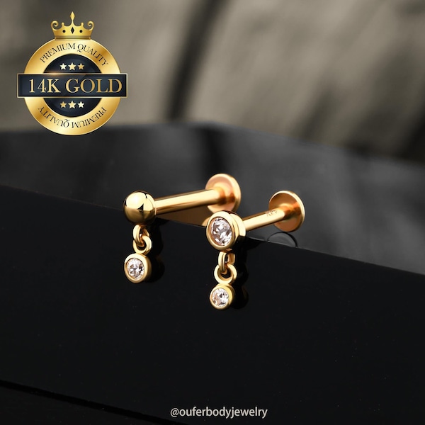 14K Solid Gold Round CZ Diamond Stud Drops/Dangling CZ Ball Stud Earring/Threadless Push Pin Labret Stud/Cartilage Helix Tragus Piercings