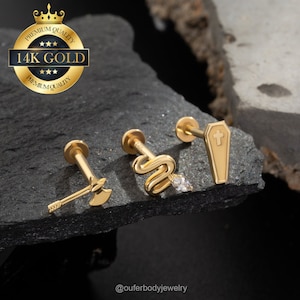 14K Gold Snake/Axe/Coffin THREADLESS Cartilage Earring/Push Pin Labret Stud/Helix/Conch/Tragus/Nose/Earlobe Flat Back Studs/Halloween Gifts