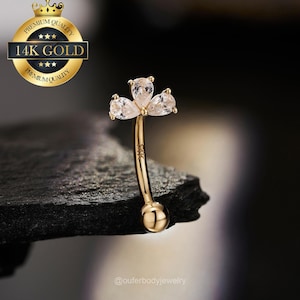 Pendiente de cartílago con barra curva de hoja de flor de oro macizo de 14 quilates/pendiente de cartílago con circonita cúbica en forma de pera/pendiente de torre de 16 g/joyería para cejas/joyería para piercing de torre/labret vertical