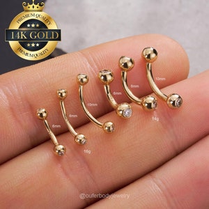 Piercing de oro macizo de 14 quilates con circonita cúbica redonda, para ombligo, labio vertical, ceja, cartílago, curva y ombligo.