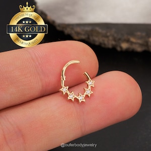14K Solid Gold Fünf Stern Septum Ring/Knorpelohrring/Klappsegment Hoop Clicker/Septum Schmuck/Daith Ohrring/Helix/Tragus/Conch Hoop/Geschenk