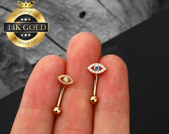 14K Solid Gold Blue Eye Curved Barbell/Clear CZ Rook Earring/Rook Barbell/Eyebrow Ring/Eyebrow Jewelry/Barbell Piercing Jewelry/Gift for her