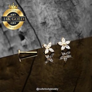 14K Solid Gold Flower Cartilage Earrings/Threadless Push Pin Labret Stud/Nose/Tragus/Conch/Helix Stud/Flat Back Earring/Danity Gift for her