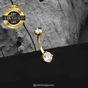 14K Solid Gold Round CZ Belly Button Ring/Internally Threaded Navel Ring/Navel Jewerly/Belly Piercing/Curved Barbell/Belly Bar/Gift for her