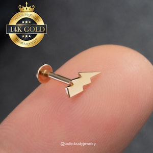20G/18G/16G 14K Solid Gold Tiny Lightning bolt Threadless Push Pin Labret Stud/Cartilage Earring/Forward Helix/Tragus/Conch Flat Back Studs