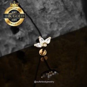 14K Solid Gold Flower Threadless Cartilage Earring/Push Pin Flat Back Labret Stud/Helix/Conch/Tragus Gold Studs/Danity Crown Earring/Gifts