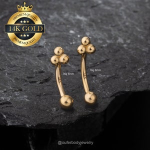 Anneau d'haltères/sourcils incurvés en or massif 14 carats/boucle d'oreille tour/piercing labret vertical/bijoux pour sourcils/boucle d'oreille cartilage tour d'haltères